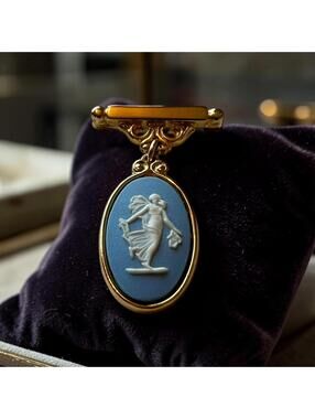 Wedgwood Blue Jasperware Brooch |  Vintage Neoclassical Cameo Pin